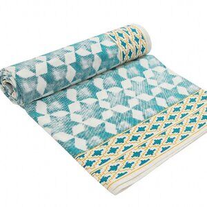 Blue-Green Yellow Screen Printed Cotton Star Table Cloth Cover NEW